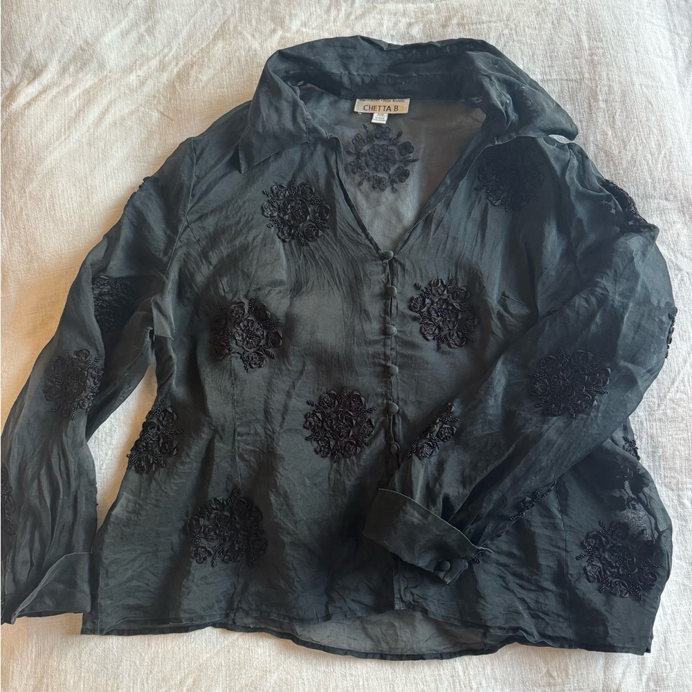 Unique Vintage Sheer Floral Beaded Black Blouse